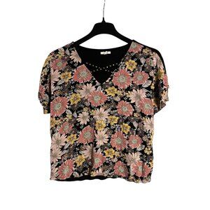 Maurices Womens Multicolor Floral Top Size L Pullover Solid Black Back V-Neck